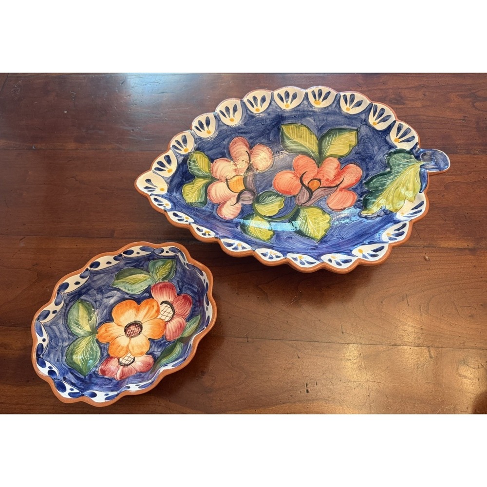 Vtg Portugal Terracotta Serving Set Hand Painted Floral Scalloped Bowl & Platter
